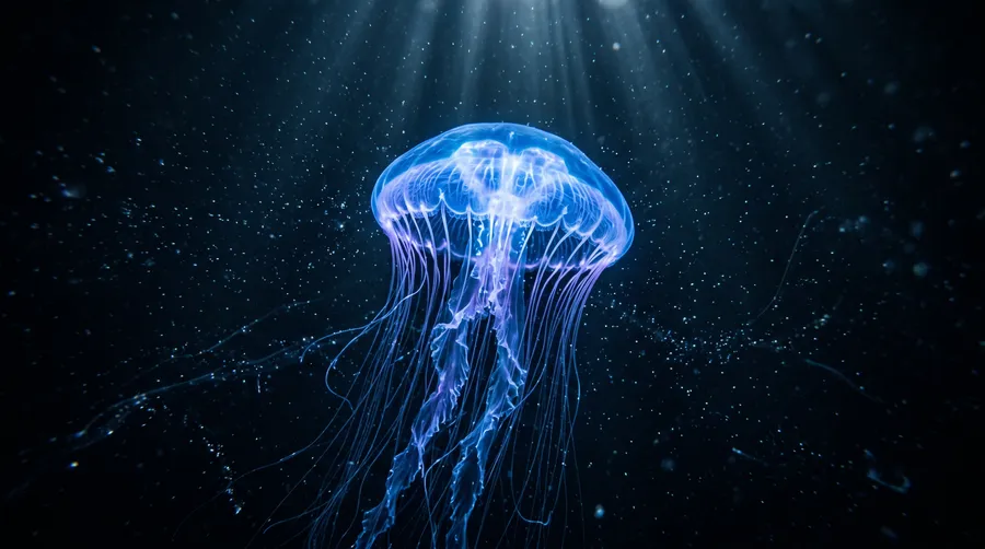 Bioluminescent jellyfish glowing blue and violet in deep dark ocean water