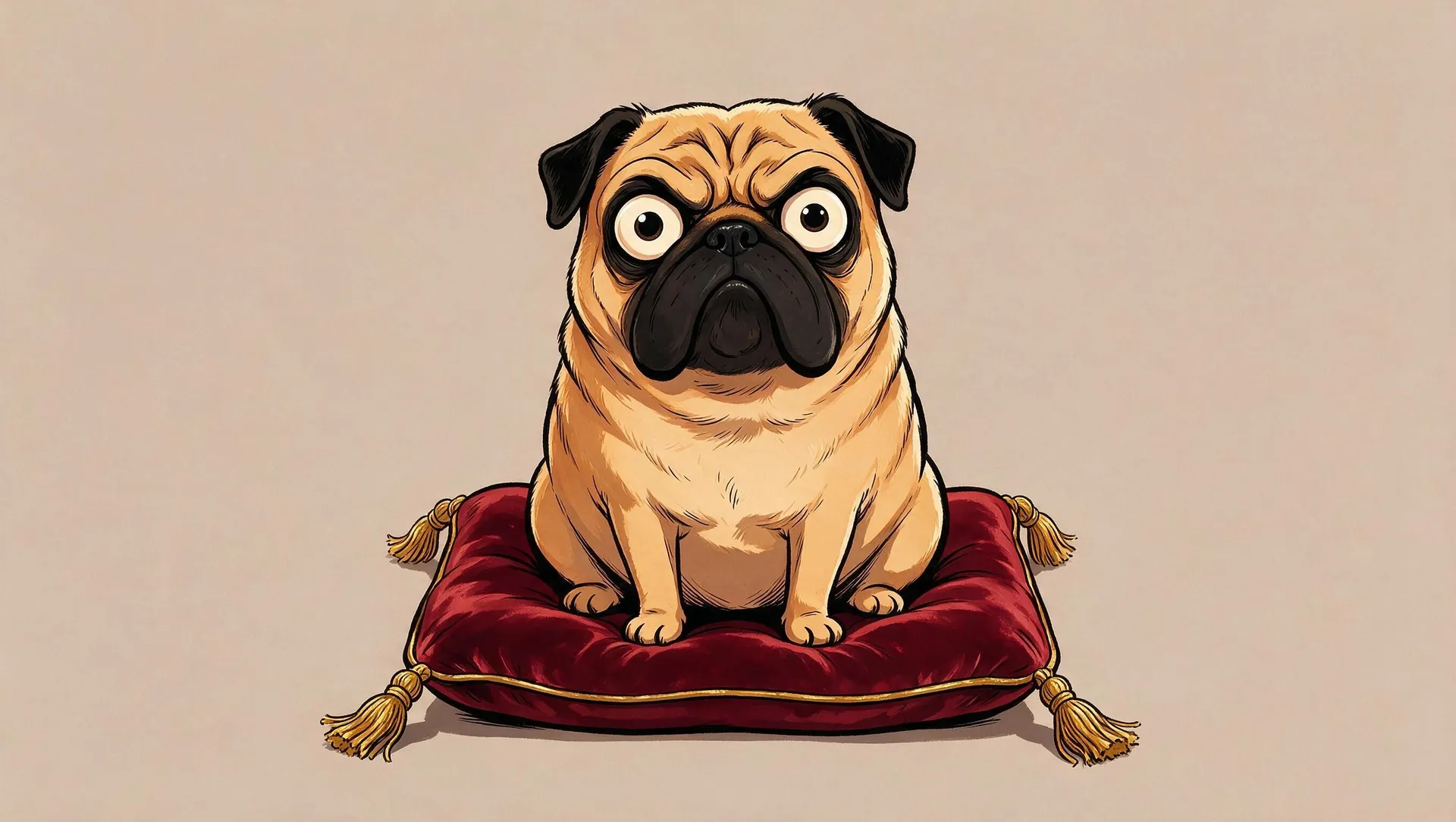 Cartoon caricature of a grumpy wide-eyed pug sitting on a red velvet cushion, generated using getimg.ai