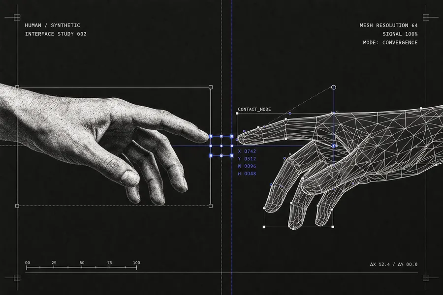 Experimental cyber-tech editorial poster on a deep black background. Two large human hands reaching toward each other in the center, one rendered as dense white halftone photography and the other as a clean 3D wireframe mesh. Where the fingers nearly meet, show a small glowing rectangular selection box with thin interface lines, coordinates and composition guides, suggesting precise AI image control. Add subtle bounding boxes, crop marks, vector paths and tiny technical annotations around the hands. Monochrome black and white with one restrained electric blue accent. Early-2000s digital design, Y2K interface graphics, scientific diagram aesthetic, high-fashion tech editorial, grainy printed texture, minimal composition, lots of negative space. Generated on getimg.ai with FLUX 3 AI image model.