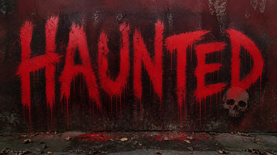 Dripping blood-red HAUNTED graffiti with a small skull on a dark wall, generated on getimg.ai