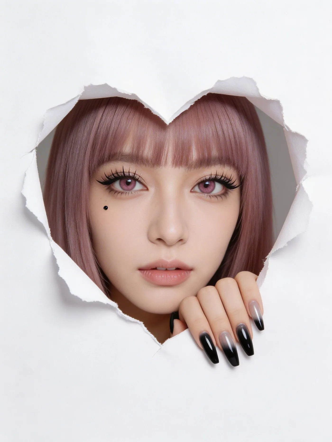 First-image example for the Image transition Action on getimg.ai: a stylized portrait of a young woman with a mauve bob, blunt bangs and violet eyes peering through a torn heart-shaped hole in white paper, her black almond ombre nails resting on the edge.