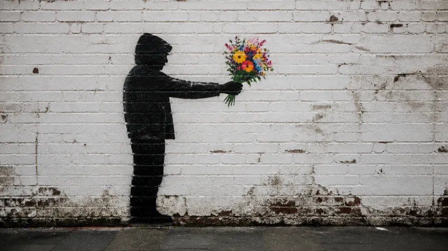 Stencil-style street art of a person holding out a colorful bouquet on a whitewashed brick wall, generated on getimg.ai