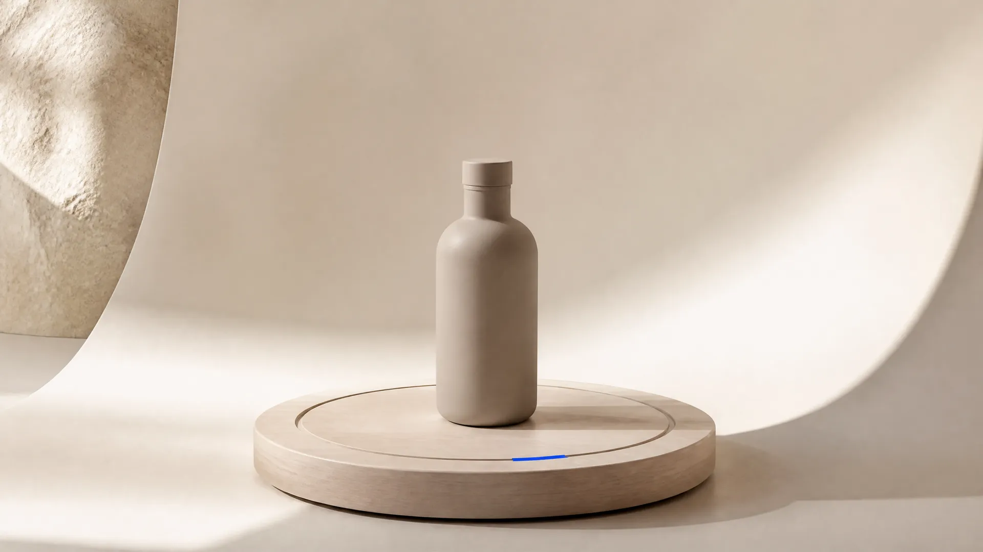 An unbranded matte bottle on a round rotating wooden pedestal with a curved cream backdrop and a small electric-blue arc marker, representing AI 360-degree product video. Generated with getimg.ai.