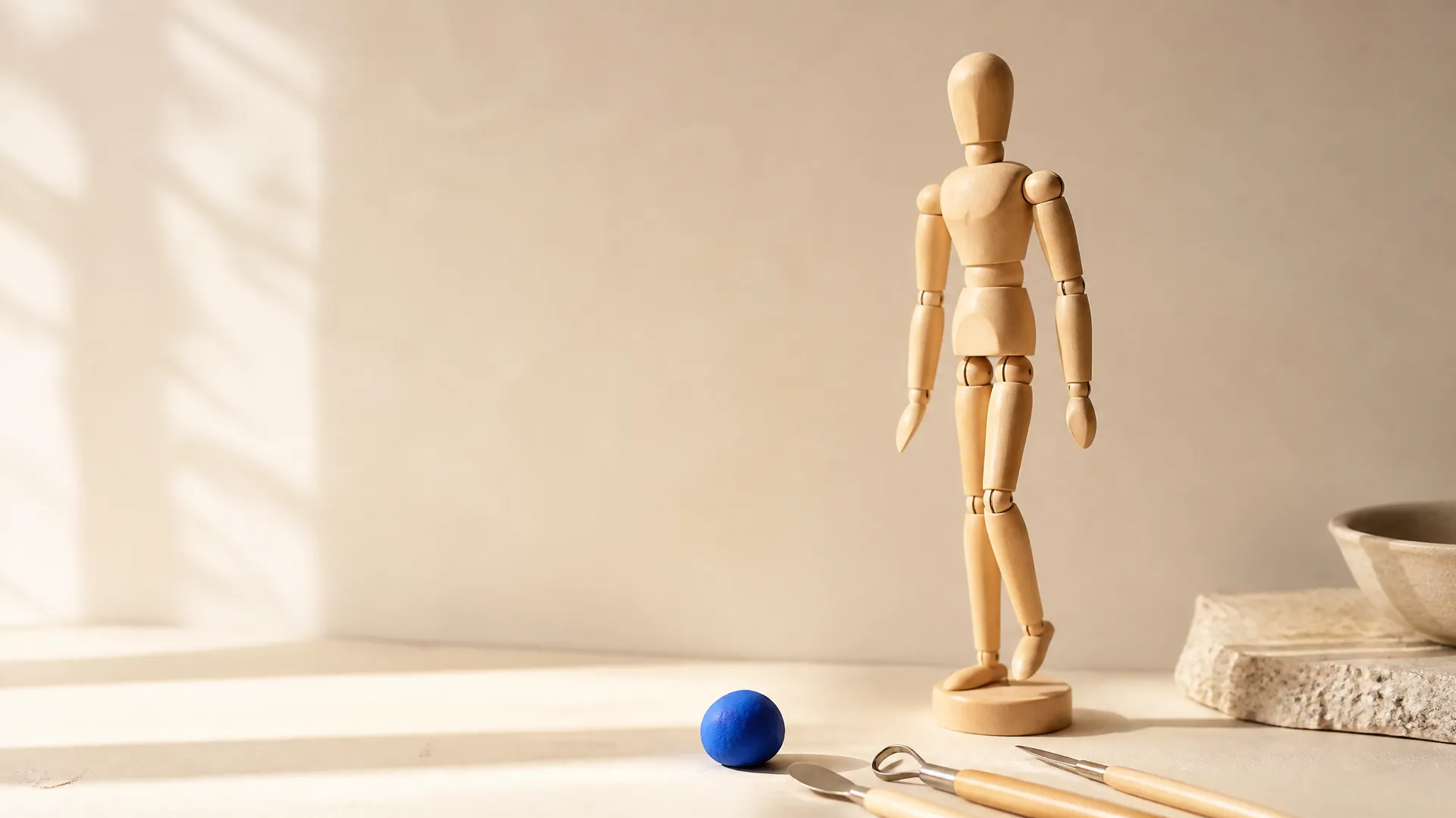 A wooden artist's posable mannequin on a cream surface beside sculpting tools with a small ball of electric-blue modelling clay, representing AI character creation. Generated with getimg.ai.