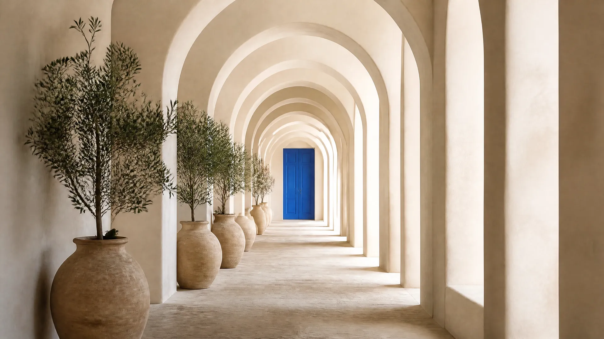 A warm corridor of pale plaster arches receding into deep perspective with a single electric-blue door at the far end, representing the AI dolly-zoom vertigo effect. Generated with getimg.ai.