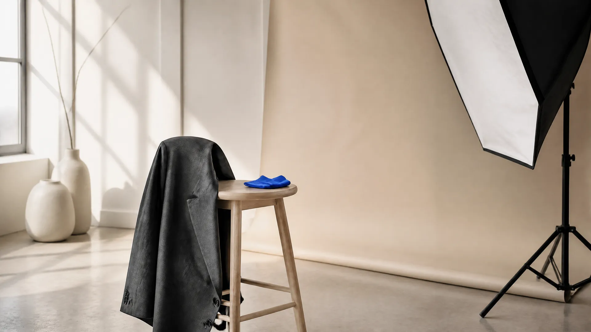 A charcoal blazer draped over a wooden studio stool beside a softbox and a cream seamless backdrop, with a small electric-blue pocket square, evoking a professional AI headshot setup. Generated with getimg.ai.