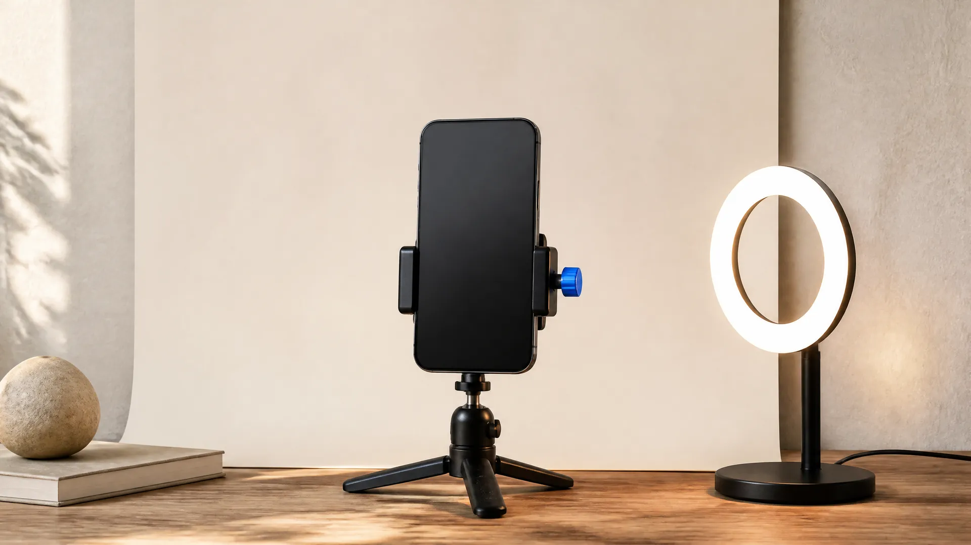 A smartphone on a small desktop tripod facing a cream backdrop with a ring light and an electric-blue tripod knob, representing AI UGC video creation. Generated with getimg.ai.