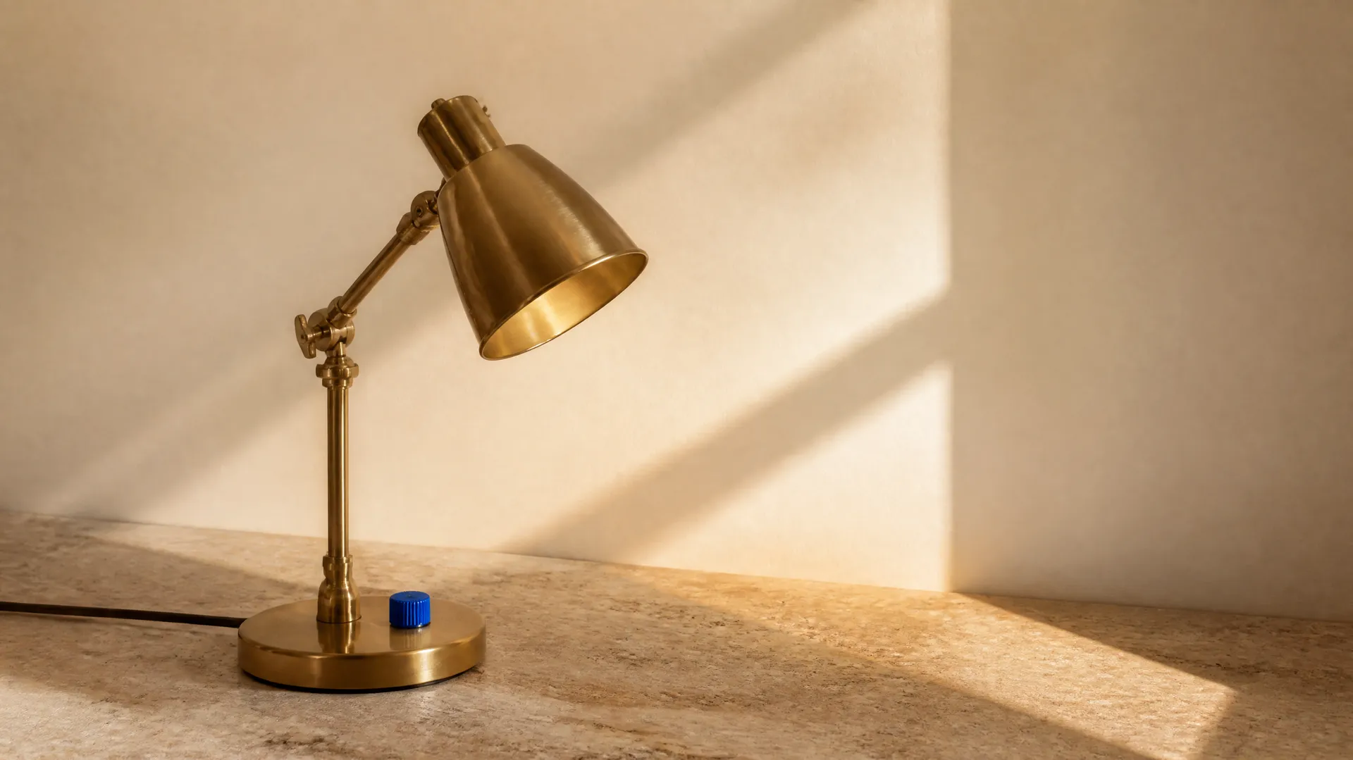 A brass studio desk lamp on warm travertine casting soft directional light with a single electric-blue dimmer knob, representing AI photo relighting. Generated with getimg.ai.