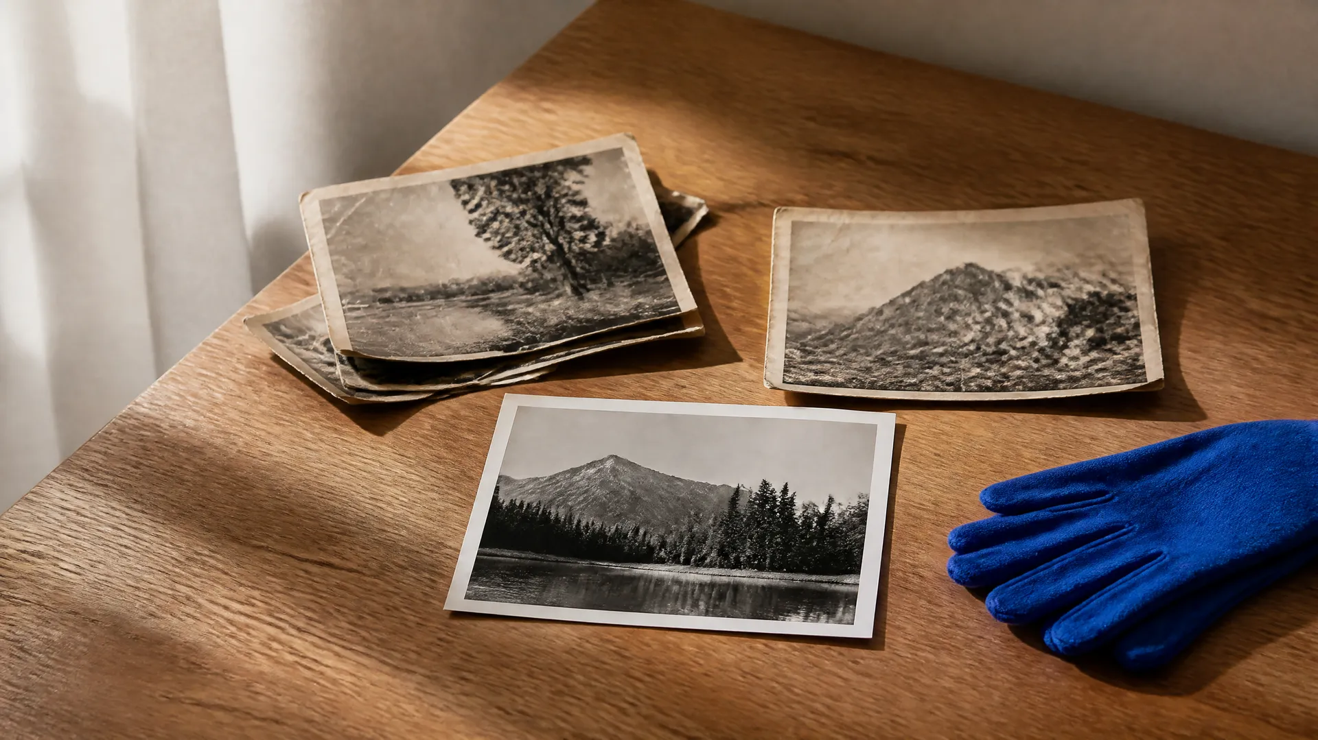 Faded, cracked vintage black-and-white photographs on a warm oak table beside folded electric-blue archival gloves, one photo freshly restored, representing AI photo restoration. Generated with getimg.ai.