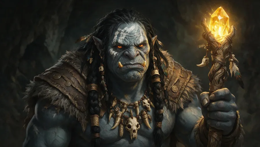 Fantasy avatar of a hulking troll shaman with white war paint and a glowing amber crystal staff, generated with getimg.ai