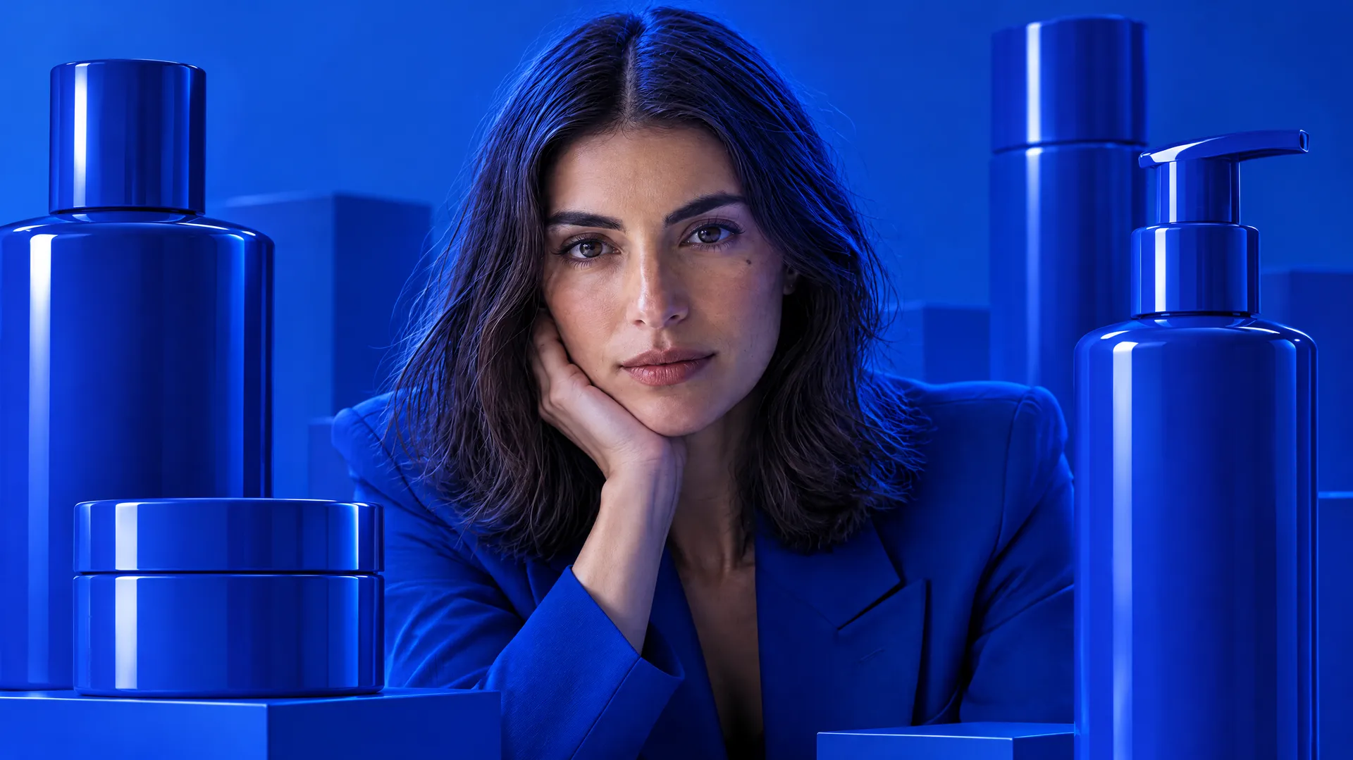 An AI-generated scene of Mara surrounded by cobalt-blue bottles under blue light, a deliberate example of brand collision where a product color erases her palette; created on getimg.ai.