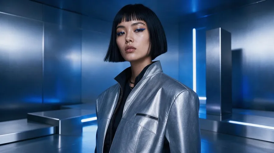 The same AI character in a structured silver jacket, standing in a blue-lit metallic studio, showing consistent identity across a new scene generated with getimg.ai.
