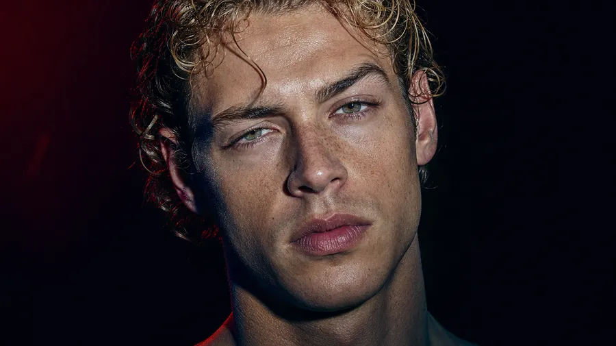 Reference portrait of a young man with loose golden curls, green eyes and freckles, used as the identity input for the getimg.ai reference-based realism test.