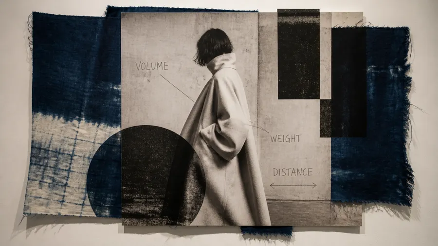 AI-generated mixed-media collage of a black-and-white photograph of a figure in a sculptural high-collared coat layered over frayed indigo shibori textiles with hand-drawn 'volume', 'weight', and 'distance' annotations, created with getimg.ai.