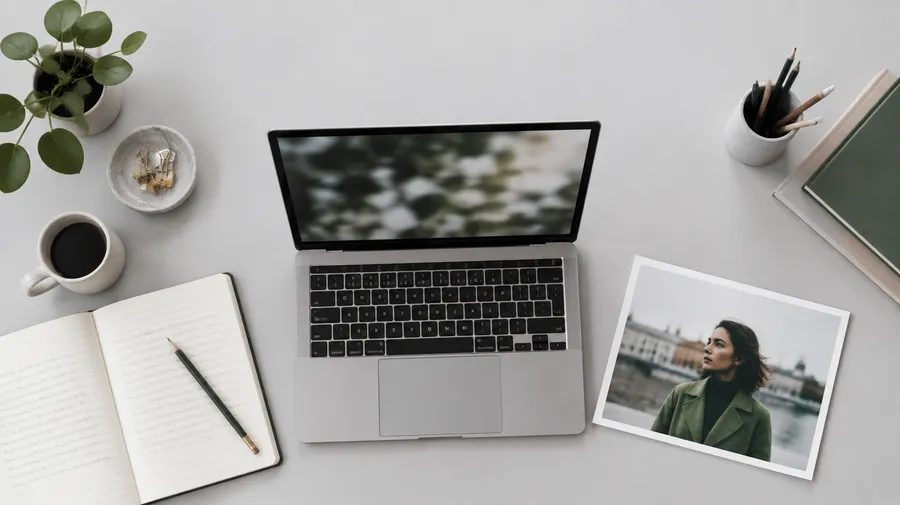 Overhead view of a desk with an open laptop, a notebook and pencil, a coffee cup and a printed portrait photo.