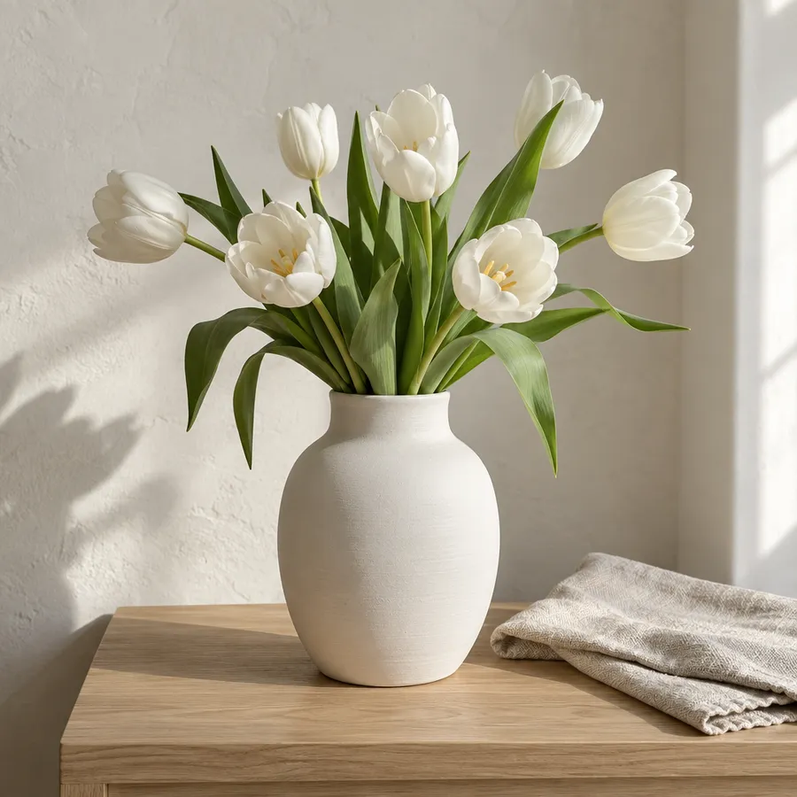 White ceramic vase of white tulips on a pale oak table beside a folded linen cloth, lit from a window.