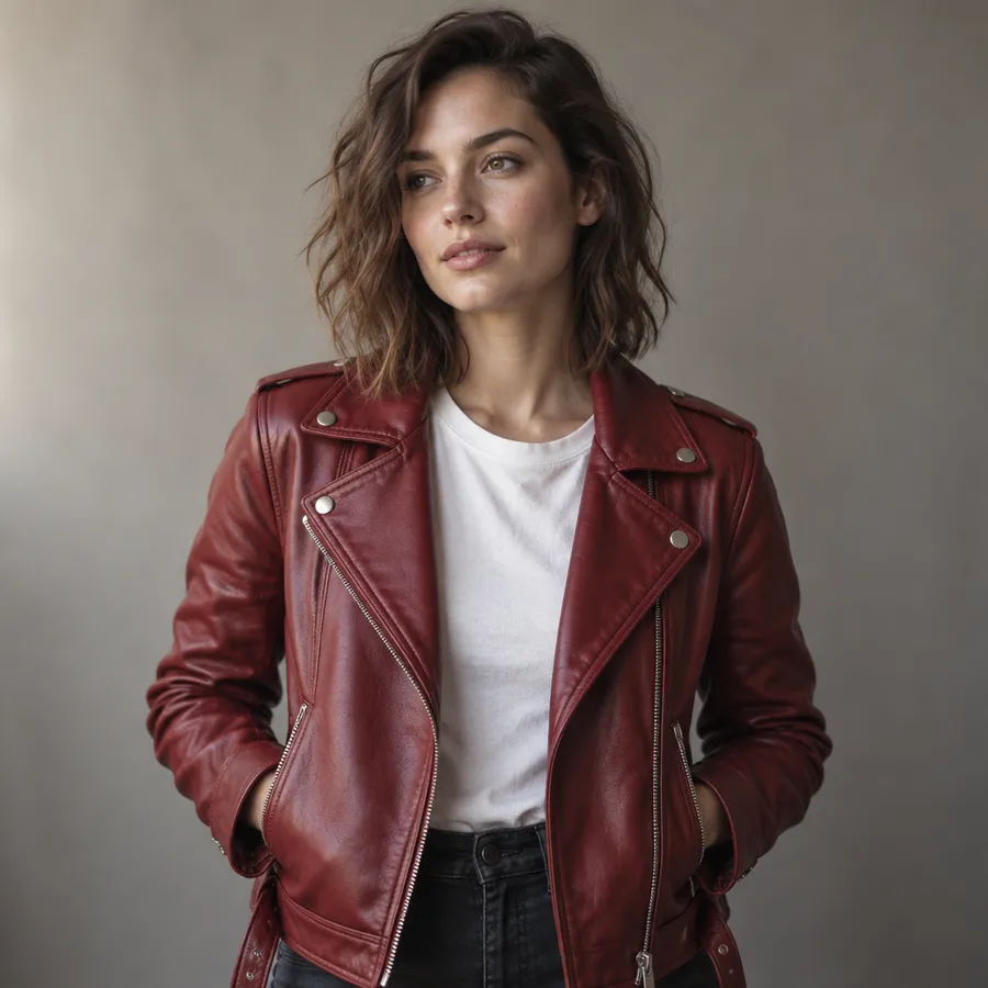 Woman in a dark red leather biker jacket over a white t-shirt, hands in pockets, against a grey studio wall.