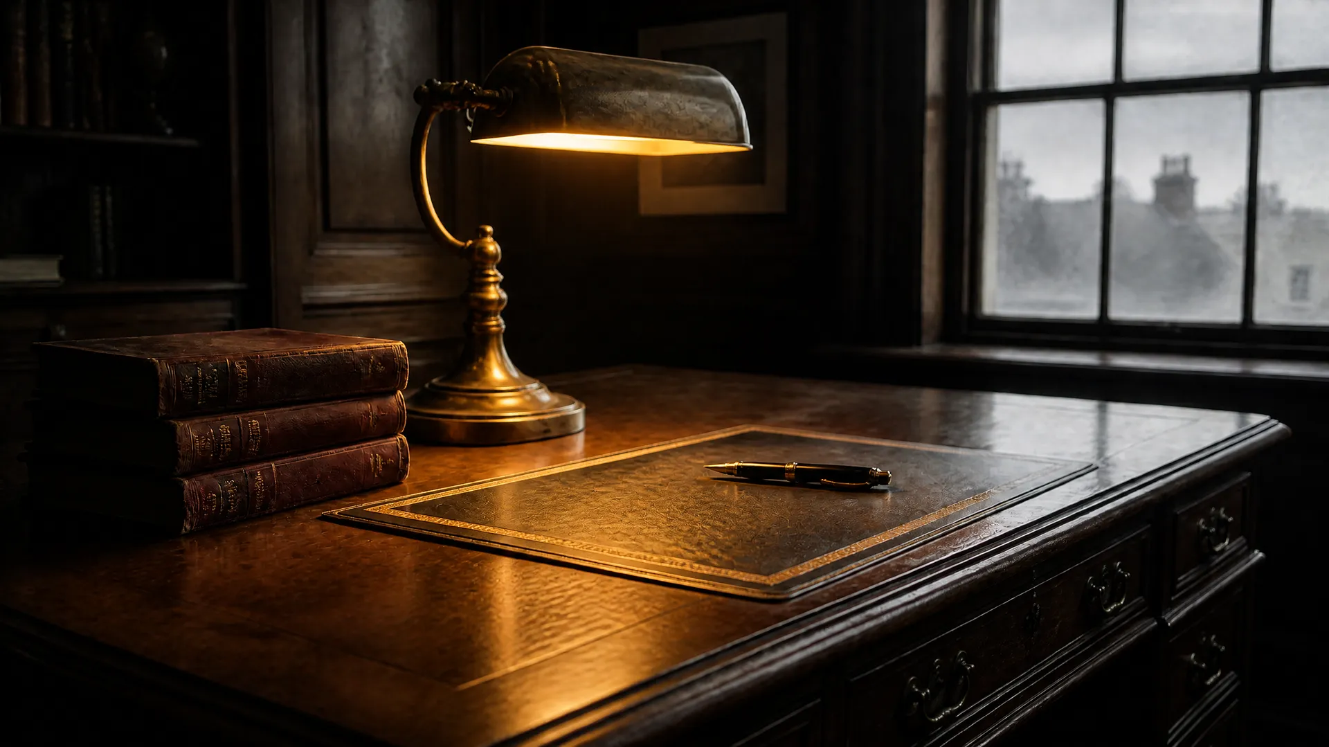 Lit brass desk lamp casting warm light on a leather writing pad beside stacked books.