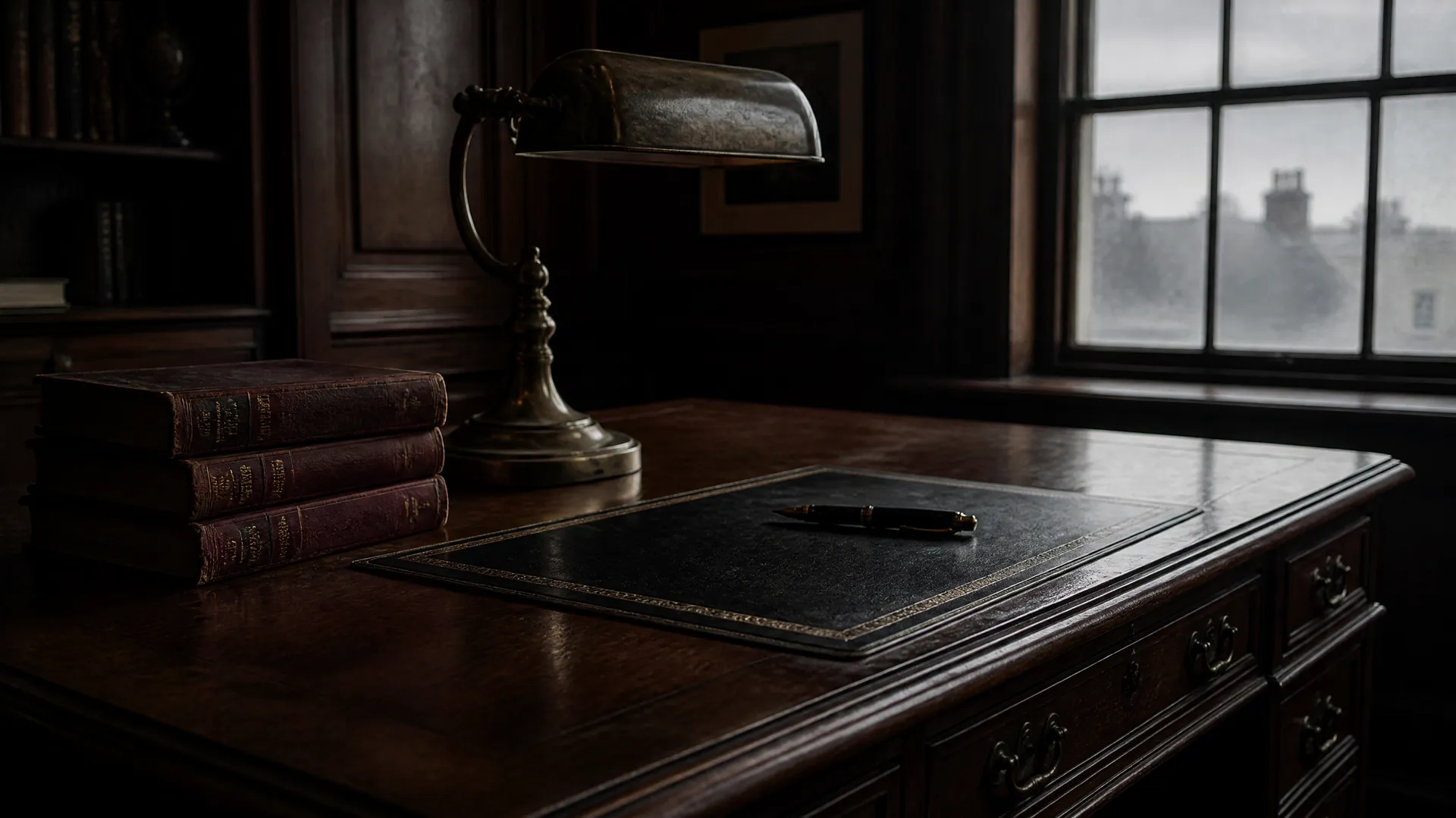 Unlit brass desk lamp beside stacked books and a leather writing pad on a dark wooden desk.
