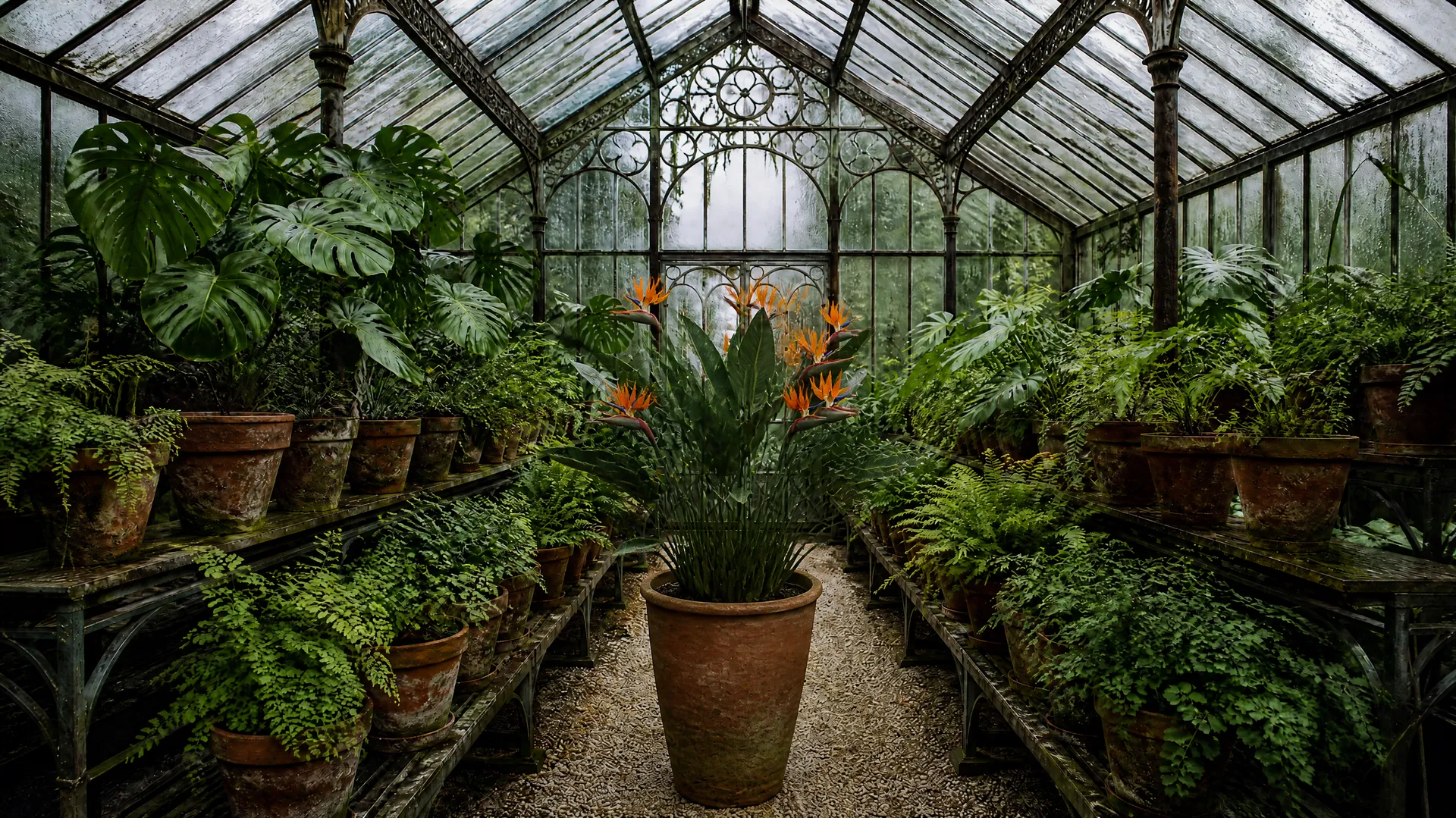Glass greenhouse with a flowering bird of paradise in a terracotta pot on the central walkway.