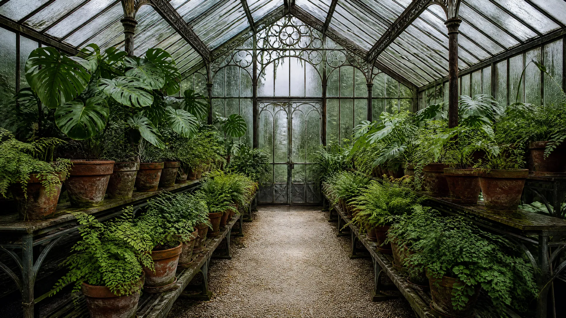 Glass greenhouse with potted ferns lining an empty central walkway.