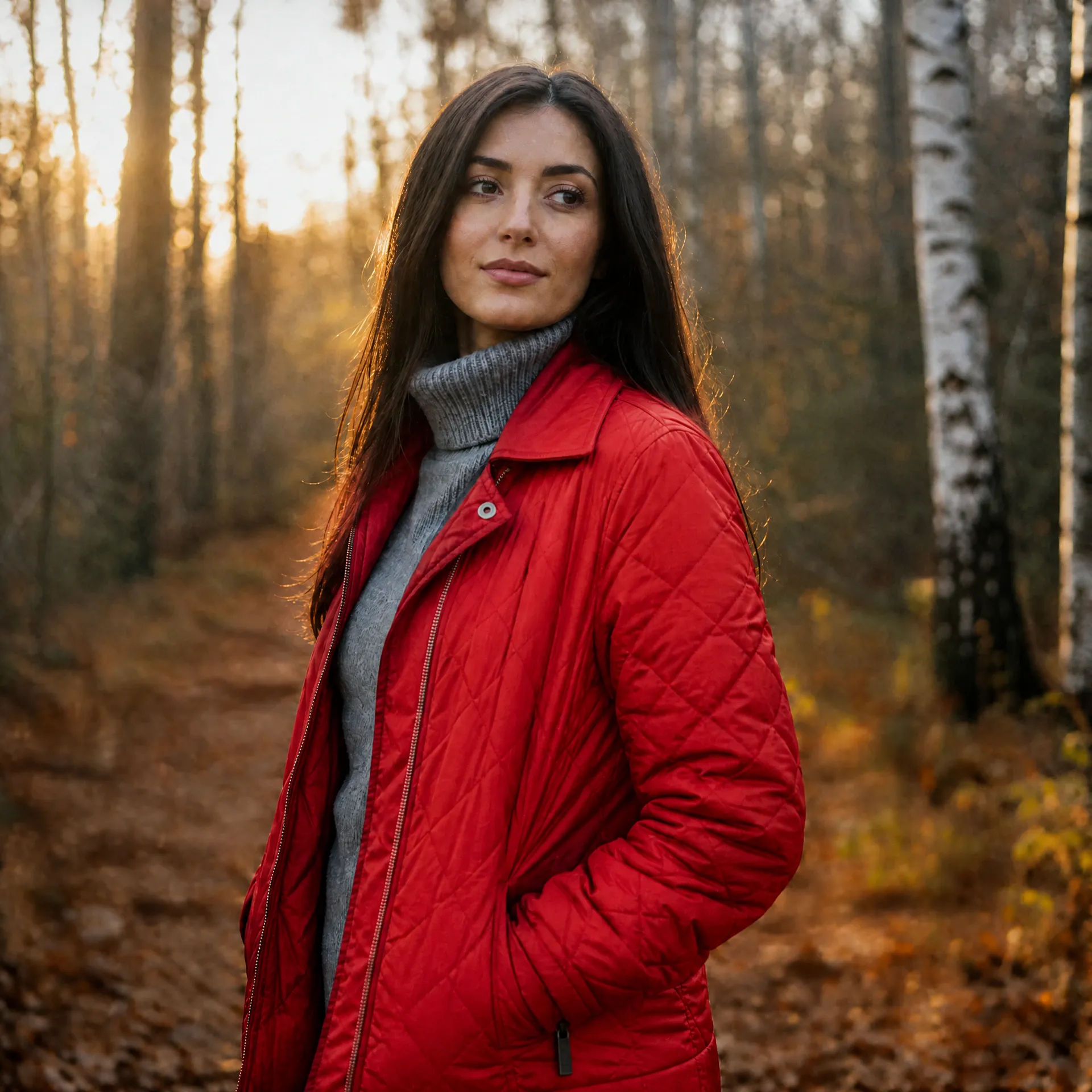 Woman wearing a red quilted jacket and grey turtleneck in a sunlit birch woodland.