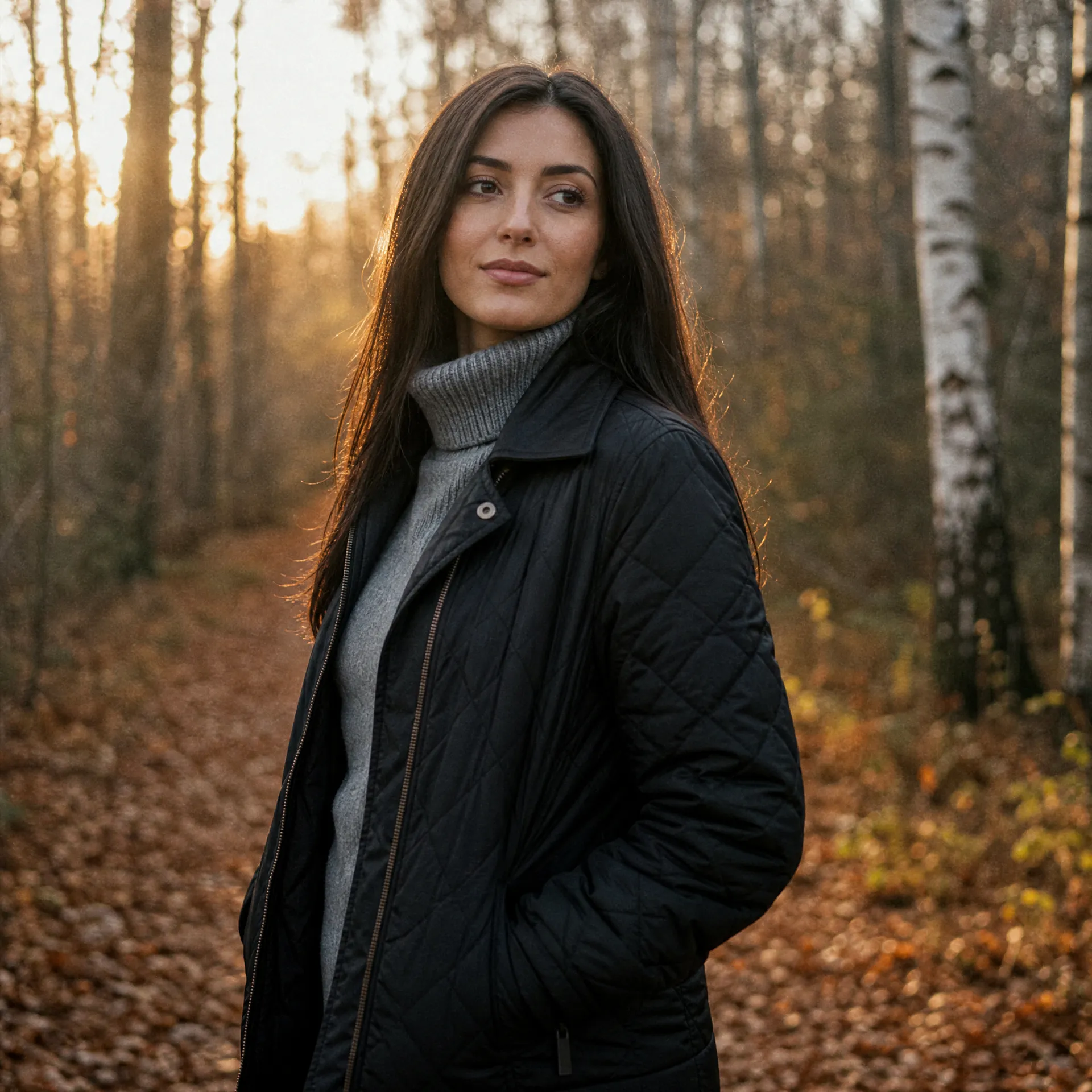 Woman wearing a black quilted jacket and grey turtleneck in a sunlit birch woodland.
