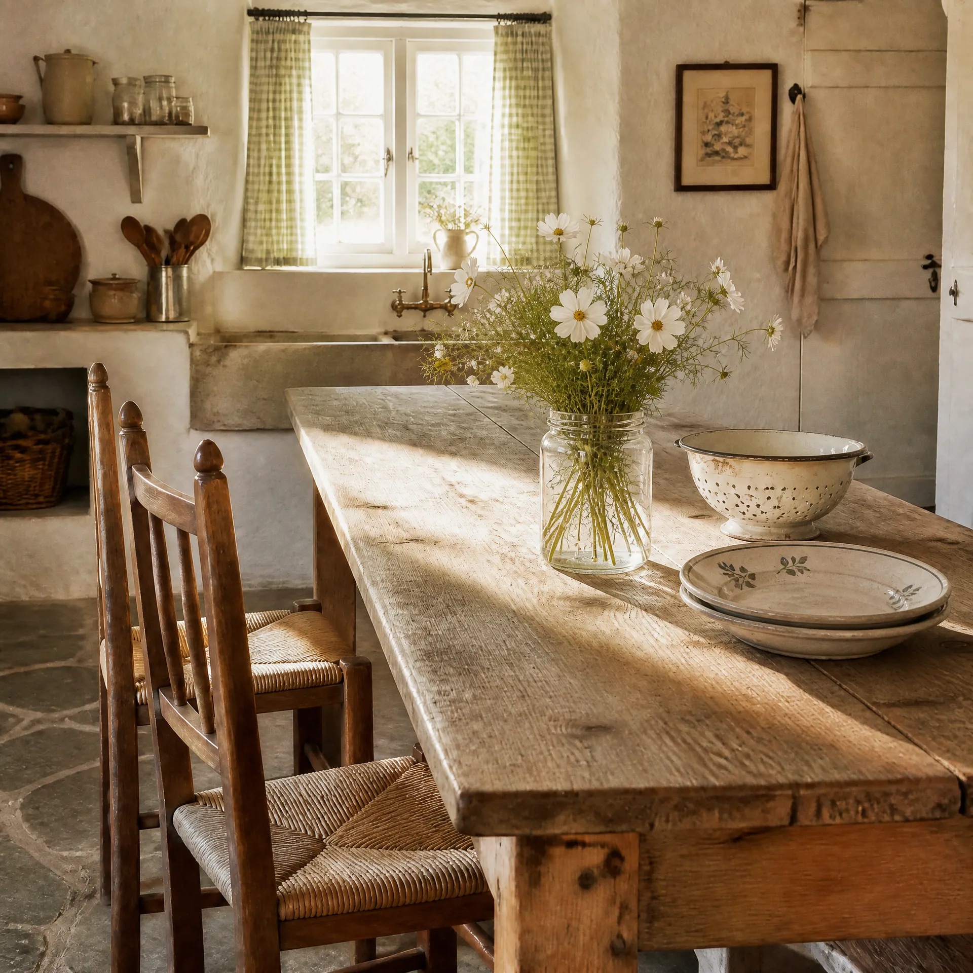 Rustic kitchen with white flowers in a glass jar, a bowl and plates on a long wooden table.