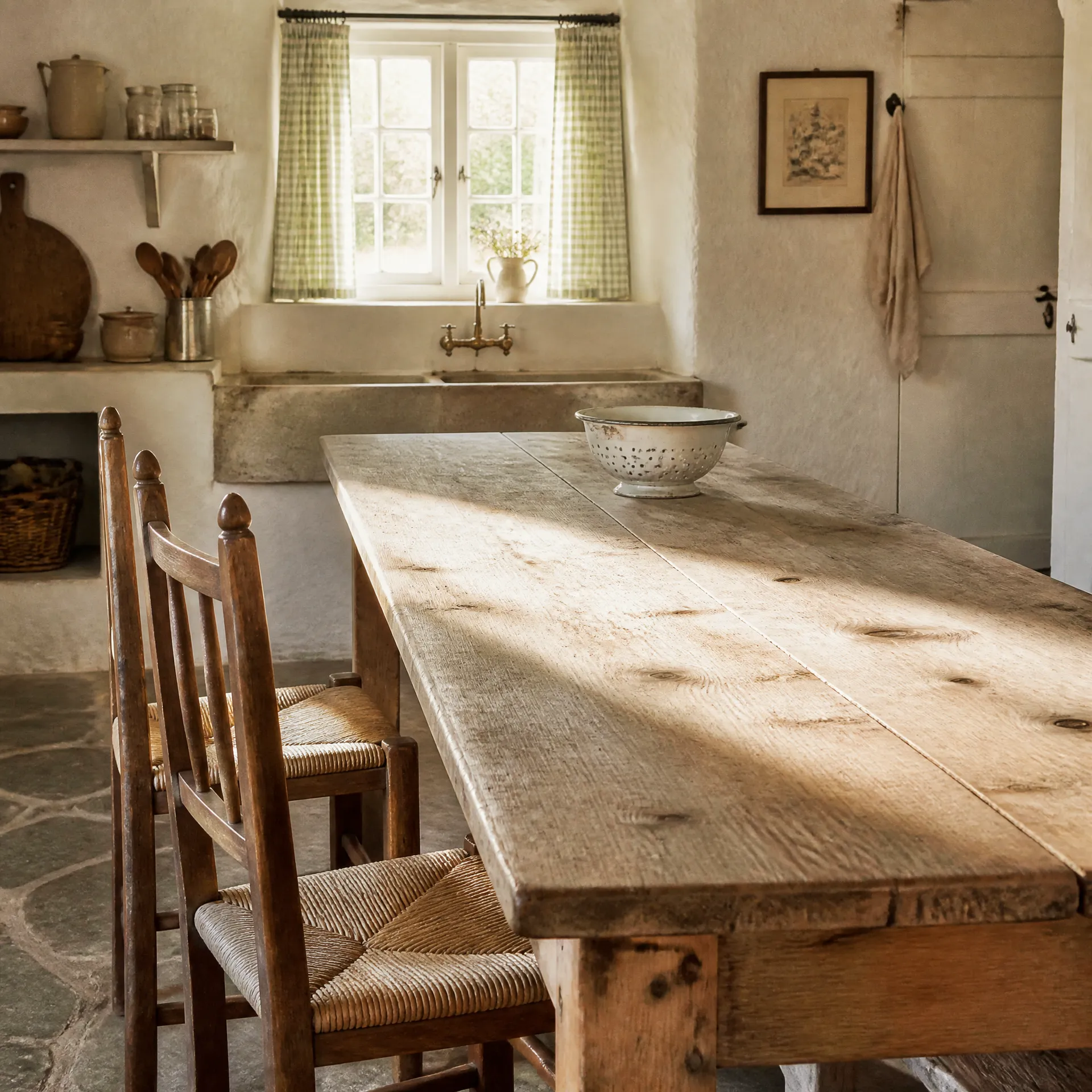 Rustic kitchen with a long wooden table, woven-seat chairs and a bowl beneath a window.