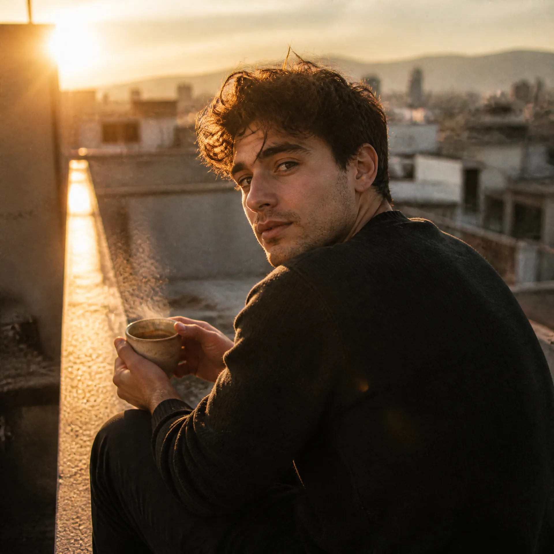 Man in a black sweater holding a cup on a rooftop at sunset.