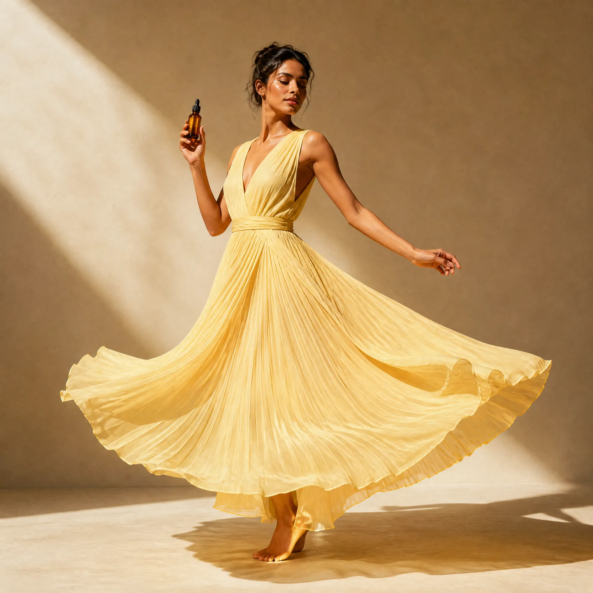 Woman twirling in a pleated yellow dress while holding a small bottle in sunlight.