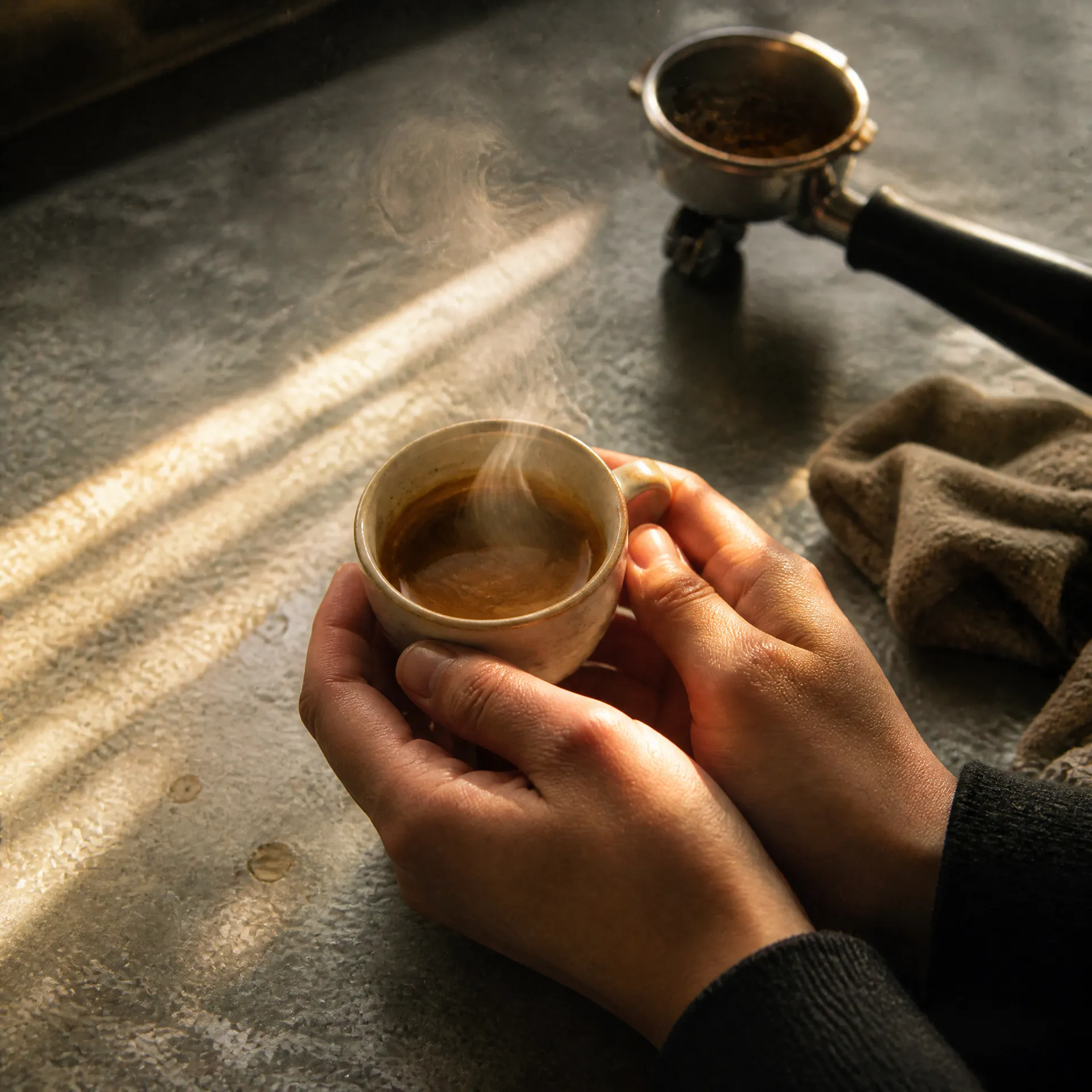 Hands holding a steaming coffee cup beside a portafilter on a sunlit countertop.