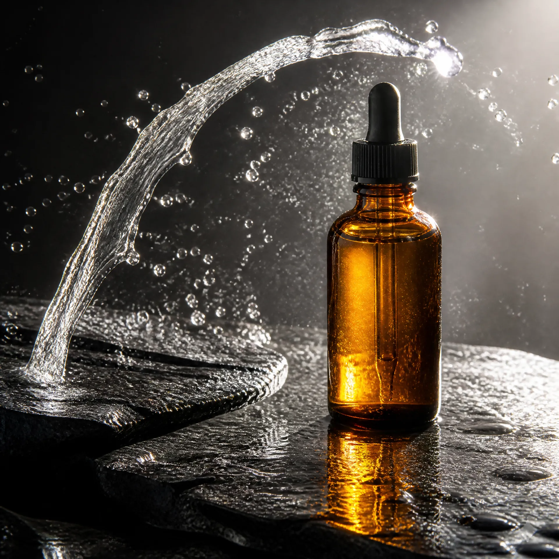 Amber dropper bottle on wet black stone beneath an arc of splashing water.
