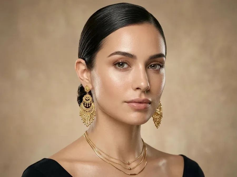 Beauty portrait of a woman wearing ornate gold chandelier earrings and a layered necklace