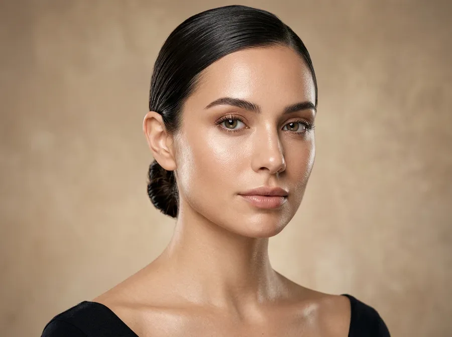 Beauty close-up portrait of a woman with a low bun and no jewelry