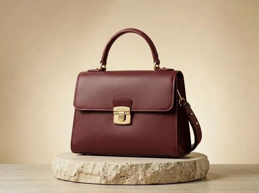 Burgundy leather handbag with gold hardware on a stone pedestal