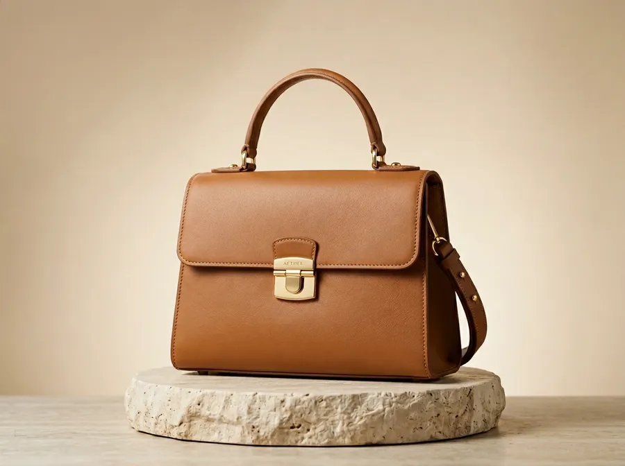 Tan leather handbag with gold hardware on a stone pedestal