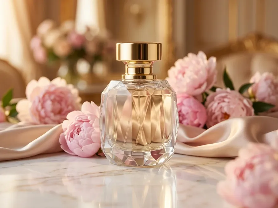 Glass perfume bottle on marble with pink peonies and silk in a styled scene