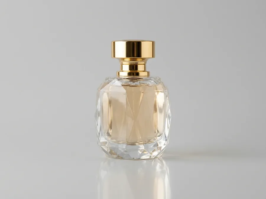 Glass perfume bottle with gold cap on a plain grey studio surface