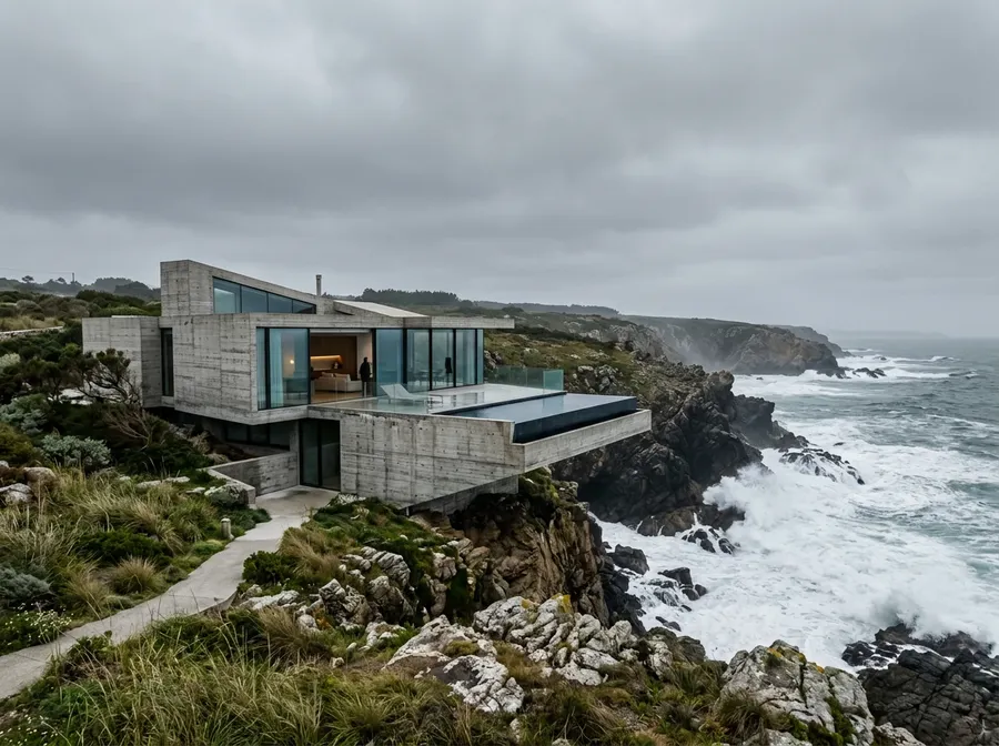 Modernist concrete and glass clifftop villa over a rocky coast under grey sky