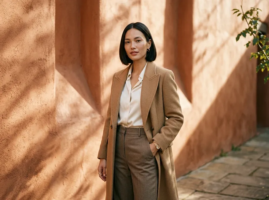 Editorial portrait of a woman in a camel coat against a sunlit terracotta wall