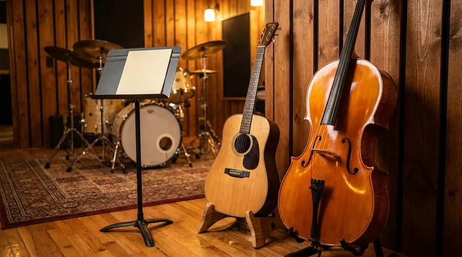 A cello, an acoustic guitar, a drum kit and an empty music stand in a warm wood-panelled studio with no vocal microphone in frame, representing instrumental music with no singer. Image generated with getimg.ai.
