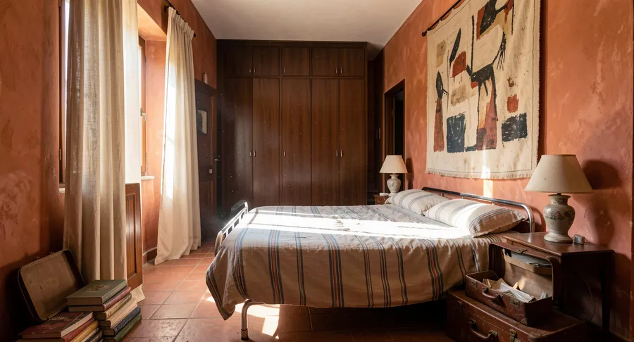 Editorial photo of a sunlit 1970s Mediterranean villa bedroom with terracotta plaster walls and lived-in maximalist clutter, generated on getimg.ai with FLUX.2 [klein] for an AI image realism test.