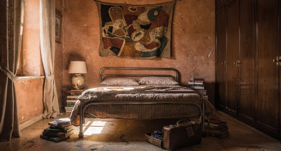 Editorial photo of a sunlit 1970s Mediterranean villa bedroom with terracotta plaster walls and lived-in maximalist clutter, generated on getimg.ai with FLUX.2 [max] for an AI image realism test.
