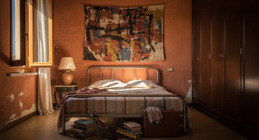 Editorial photo of a sunlit 1970s Mediterranean villa bedroom with terracotta plaster walls and lived-in maximalist clutter, generated on getimg.ai with FLUX.2 [pro] for an AI image realism test.