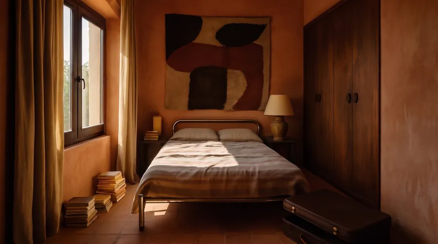 Editorial photo of a sunlit 1970s Mediterranean villa bedroom with terracotta plaster walls and lived-in maximalist clutter, generated on getimg.ai with GPT Image 1 for an AI image realism test.