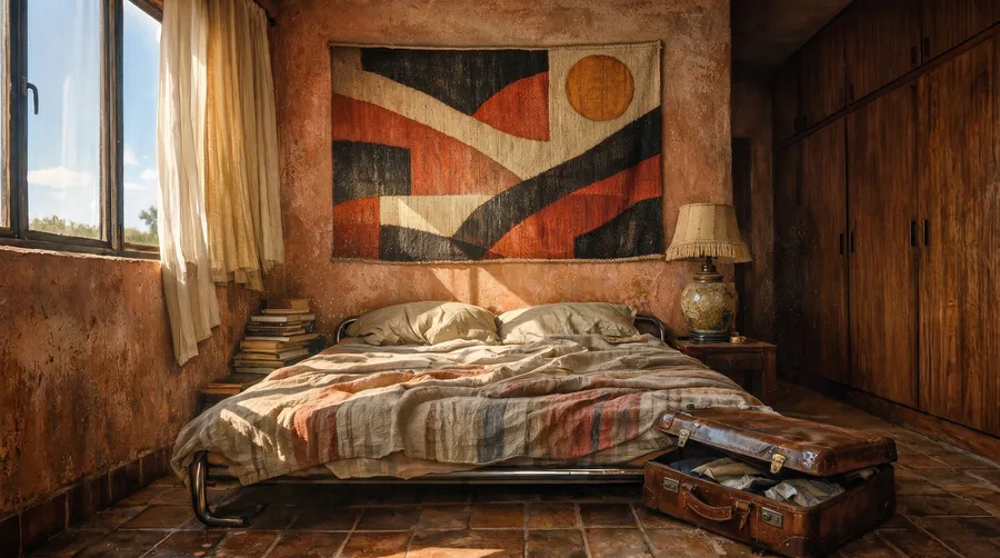 Editorial photo of a sunlit 1970s Mediterranean villa bedroom with terracotta plaster walls and lived-in maximalist clutter, generated on getimg.ai with GPT Image 1.5 for an AI image realism test.