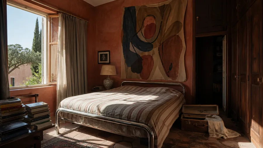 Editorial photo of a sunlit 1970s Mediterranean villa bedroom with terracotta plaster walls and lived-in maximalist clutter, generated on getimg.ai with GPT Image 2 for an AI image realism test.