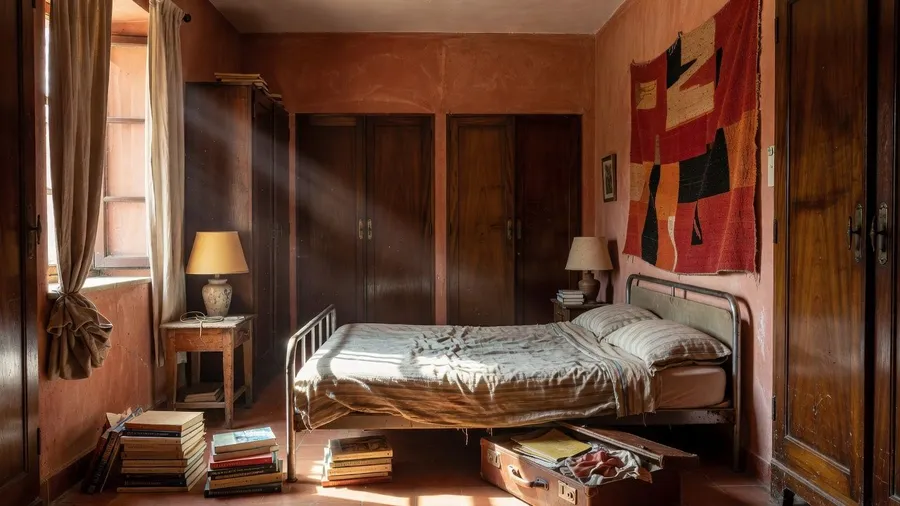 Editorial photo of a sunlit 1970s Mediterranean villa bedroom with terracotta plaster walls and lived-in maximalist clutter, generated on getimg.ai with Grok Imagine for an AI image realism test.