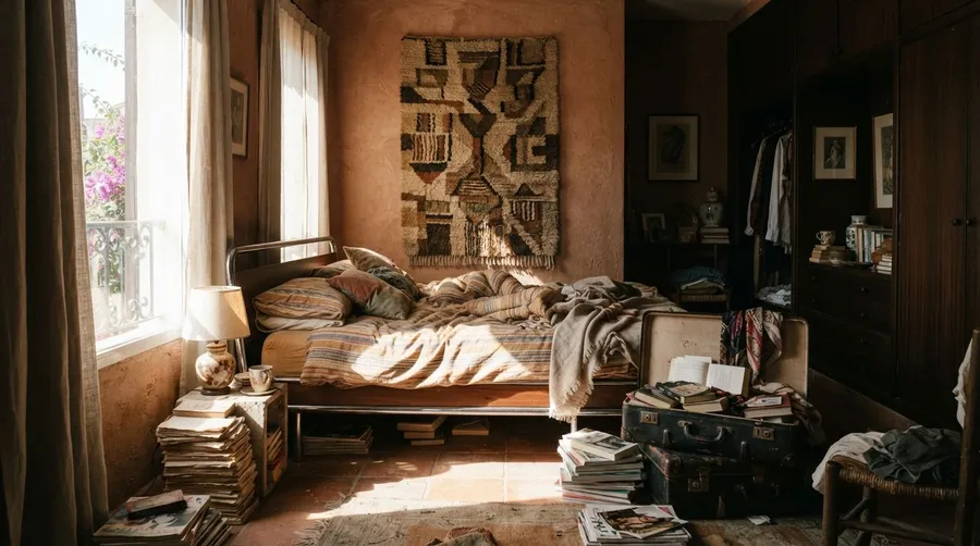Editorial photo of a sunlit 1970s Mediterranean villa bedroom with terracotta plaster walls and lived-in maximalist clutter, generated on getimg.ai with Nano Banana 2 Lite for an AI image realism test.